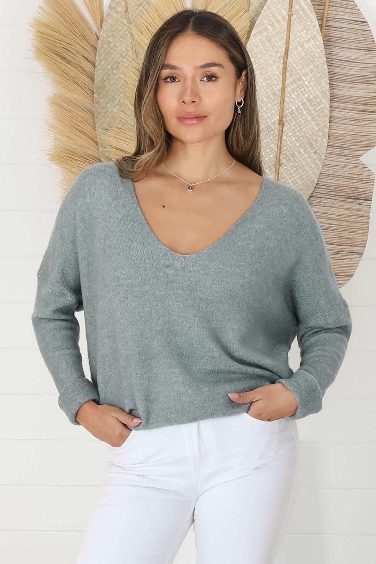 Carol Knit Top - Soft V Neck Batwing Sleeve Knit Top in Dark Grey