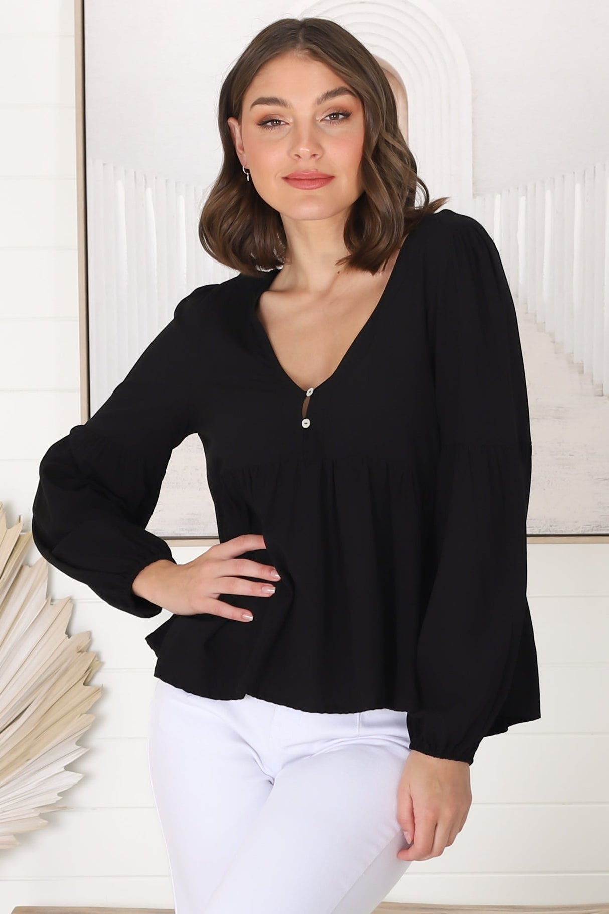 Grace Top - V-Neck Button Decal Long Sleeve Smock Top in Black