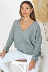 Carol Knit Top - Soft V Neck Batwing Sleeve Knit Top in Dark Grey