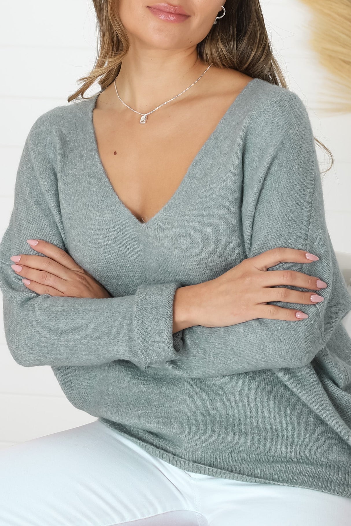 Carol Knit Top - Soft V Neck Batwing Sleeve Knit Top in Dark Grey