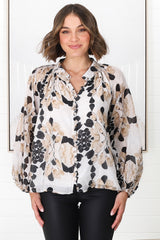 Portia Blouse - Button Down Lace Detail Shirt in Calea Beige Print