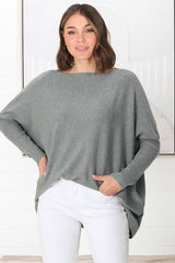 Belinda Knit Top - Boat Neckline Boxy Batwing Top in Grey