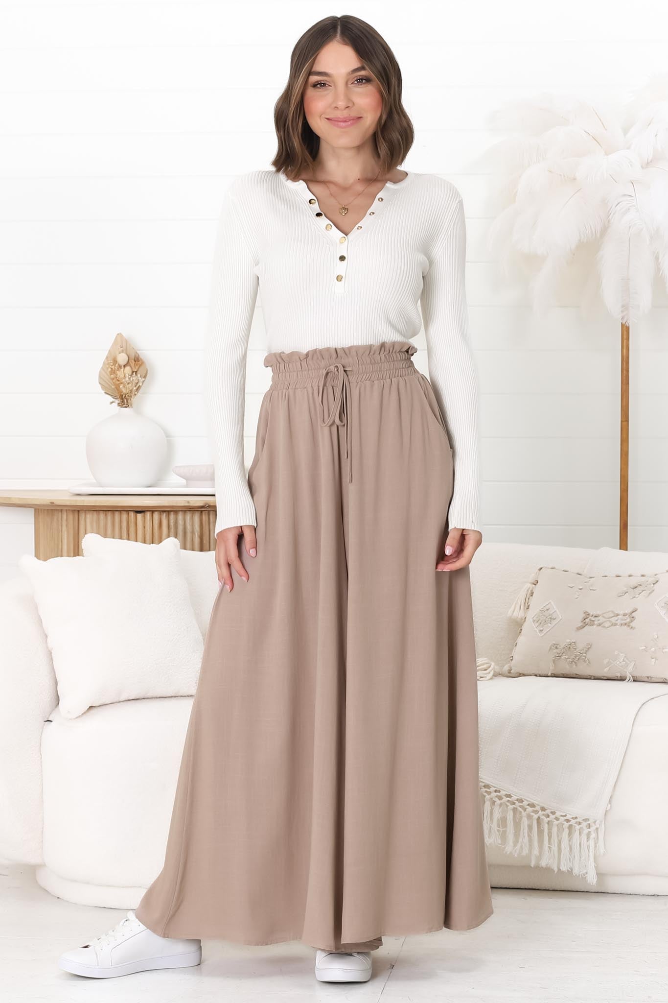 Charli Pants - Paper Bag High Waisted Wide Leg Pants in Sand