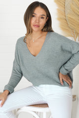 Carol Knit Top - Soft V Neck Batwing Sleeve Knit Top in Dark Grey