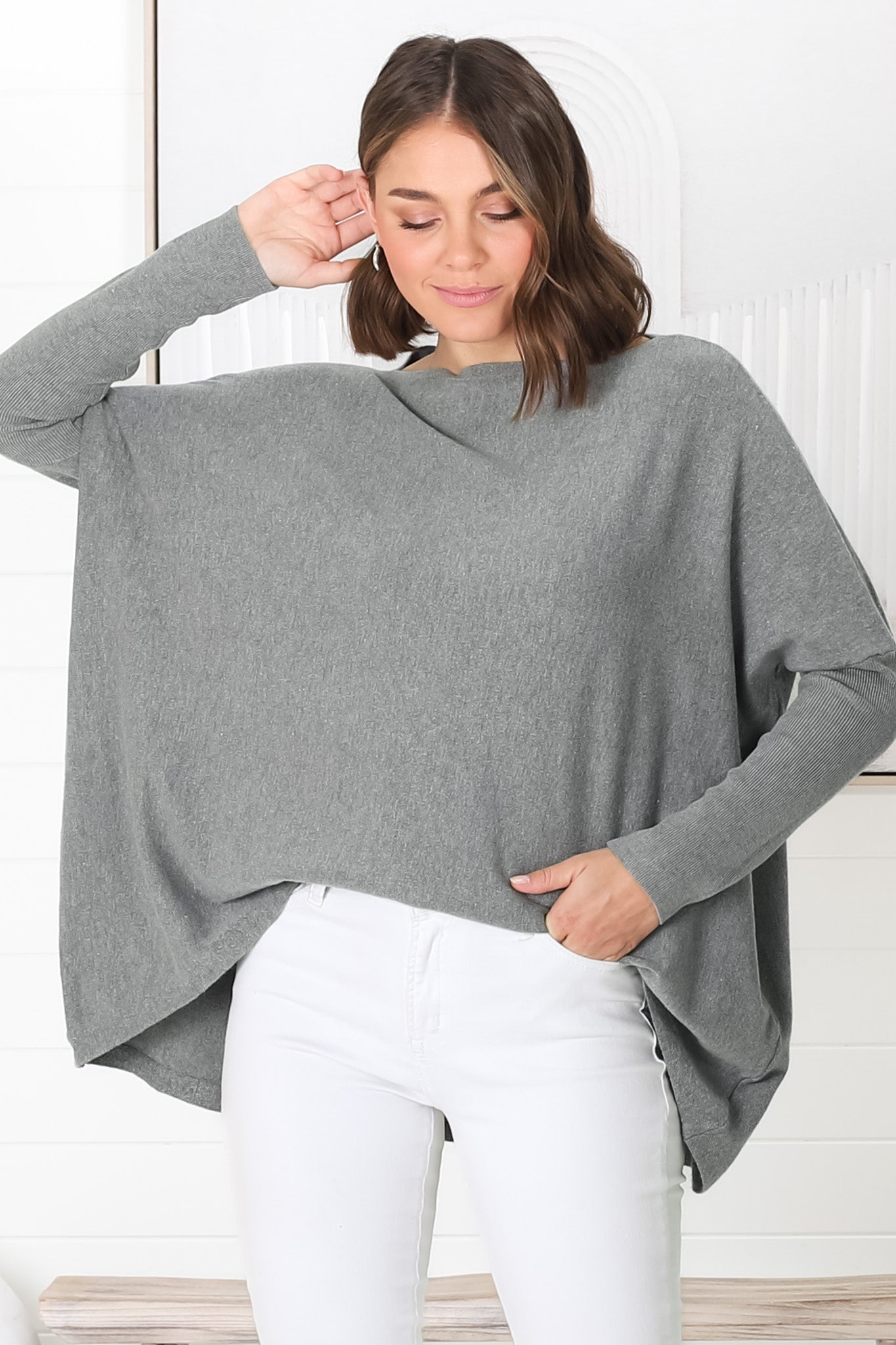 Belinda Knit Top - Boat Neckline Boxy Batwing Top in Grey