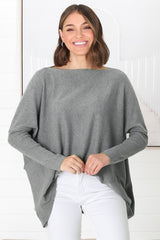 Belinda Knit Top - Boat Neckline Boxy Batwing Top in Grey