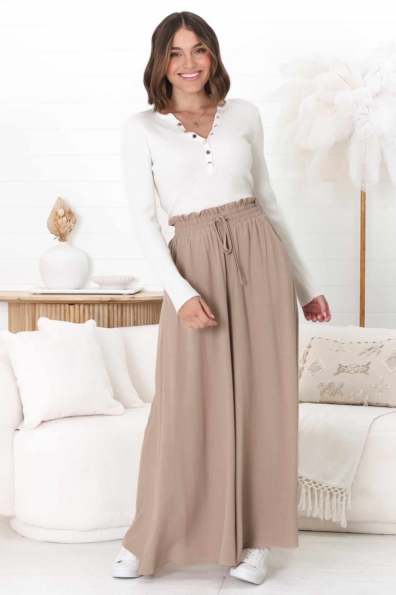 Charli Pants - Paper Bag High Waisted Wide Leg Pants in Sand