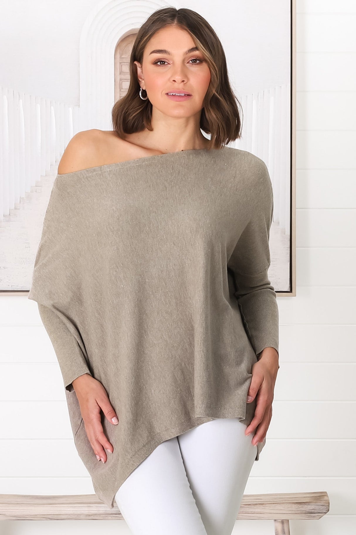 Belinda Knit Top - Boat Neckline Boxy Batwing Top in Beige