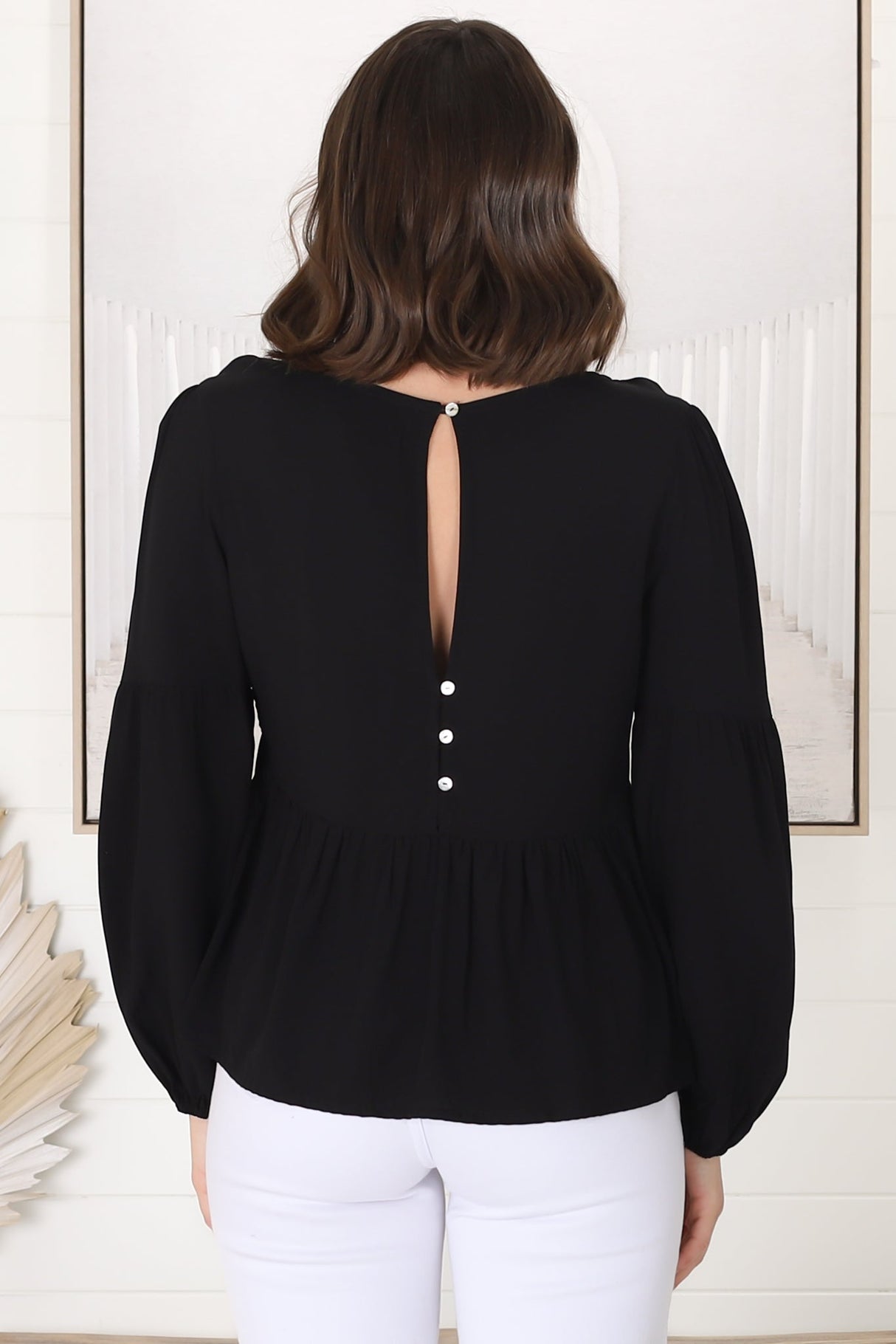 Grace Top - V-Neck Button Decal Long Sleeve Smock Top in Black