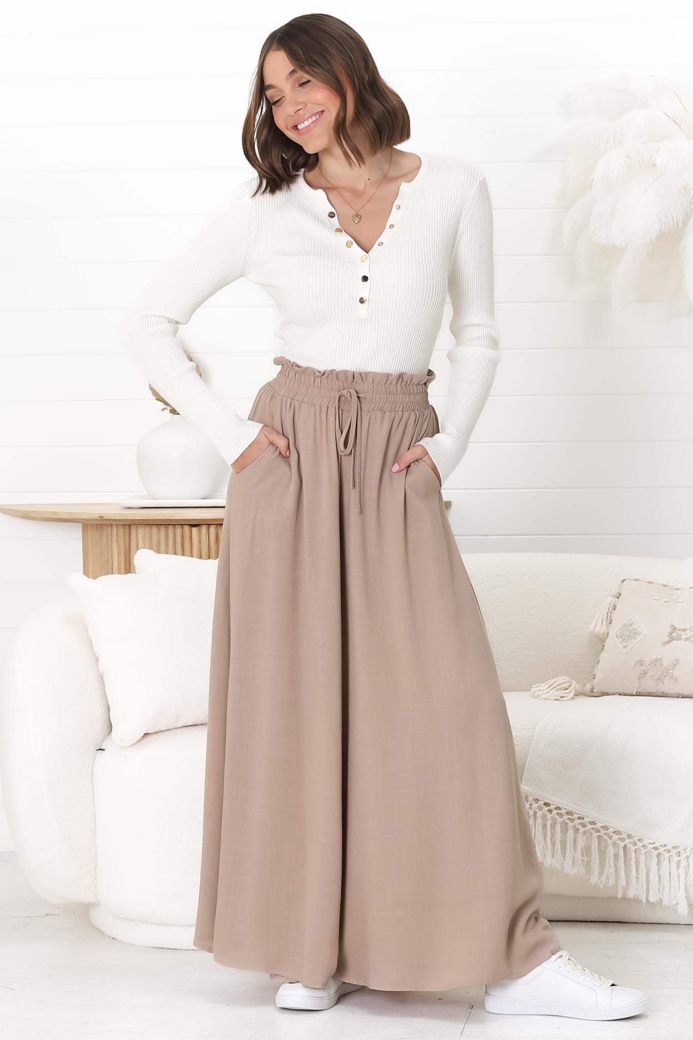 Charli Pants - Paper Bag High Waisted Wide Leg Pants in Sand