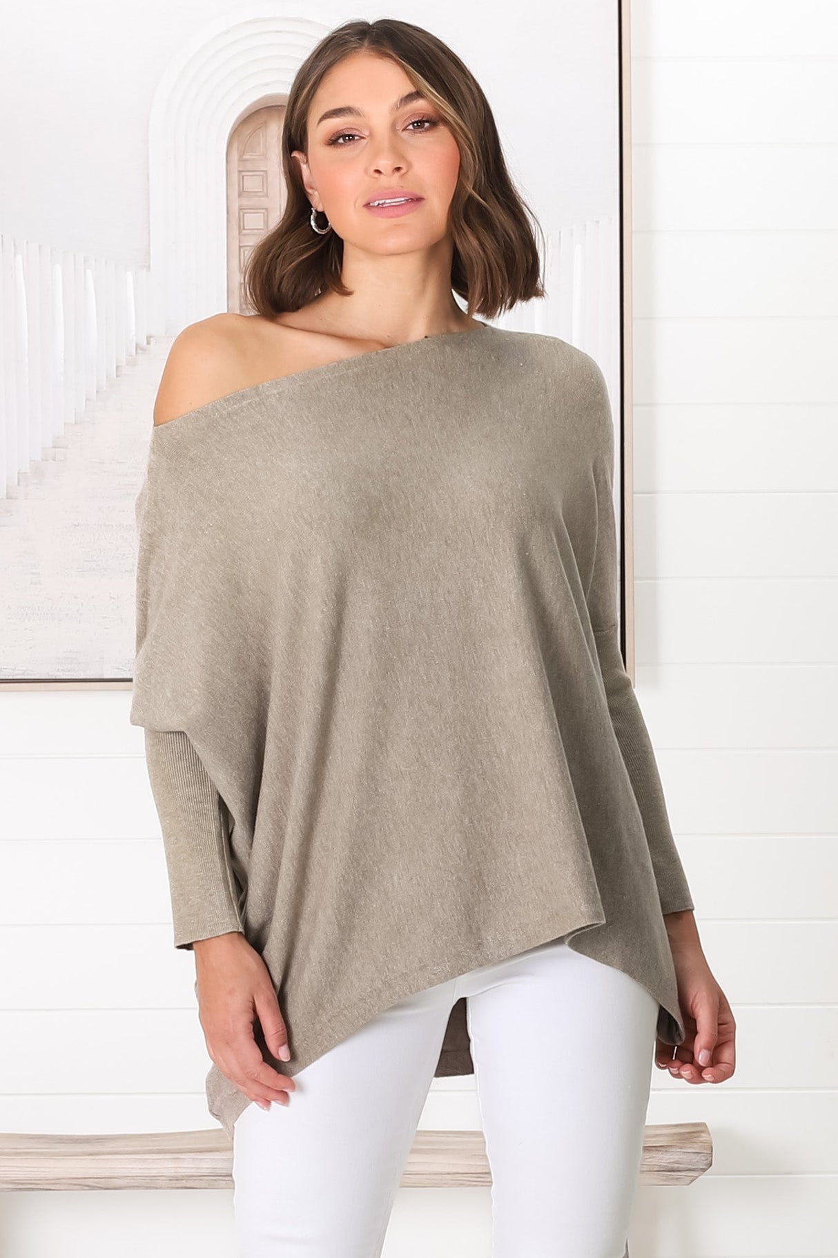 Belinda Knit Top - Boat Neckline Boxy Batwing Top in Beige