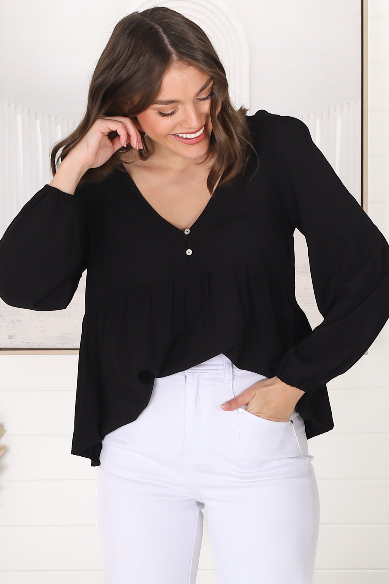 Grace Top - V-Neck Button Decal Long Sleeve Smock Top in Black