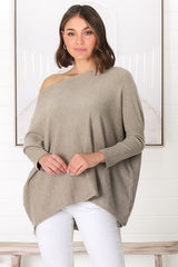 Belinda Knit Top - Boat Neckline Boxy Batwing Top in Beige