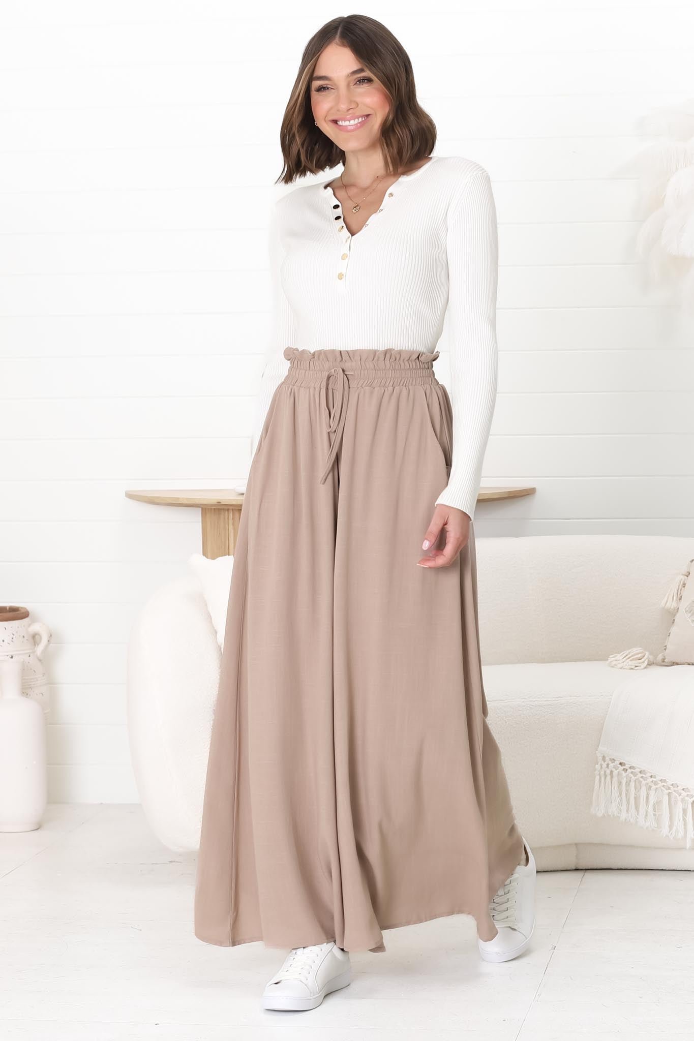 Charli Pants - Paper Bag High Waisted Wide Leg Pants in Sand