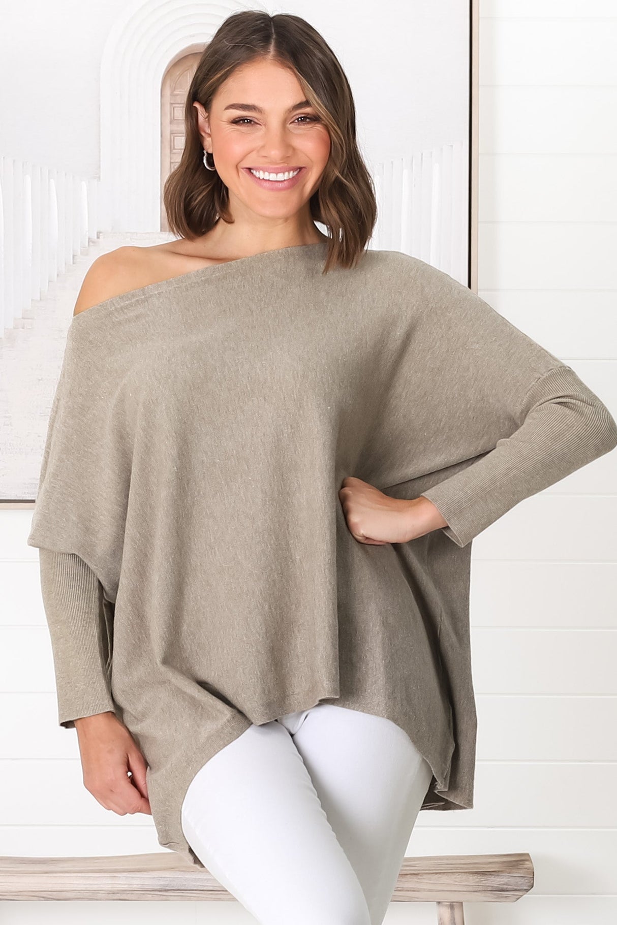 Belinda Knit Top - Boat Neckline Boxy Batwing Top in Beige