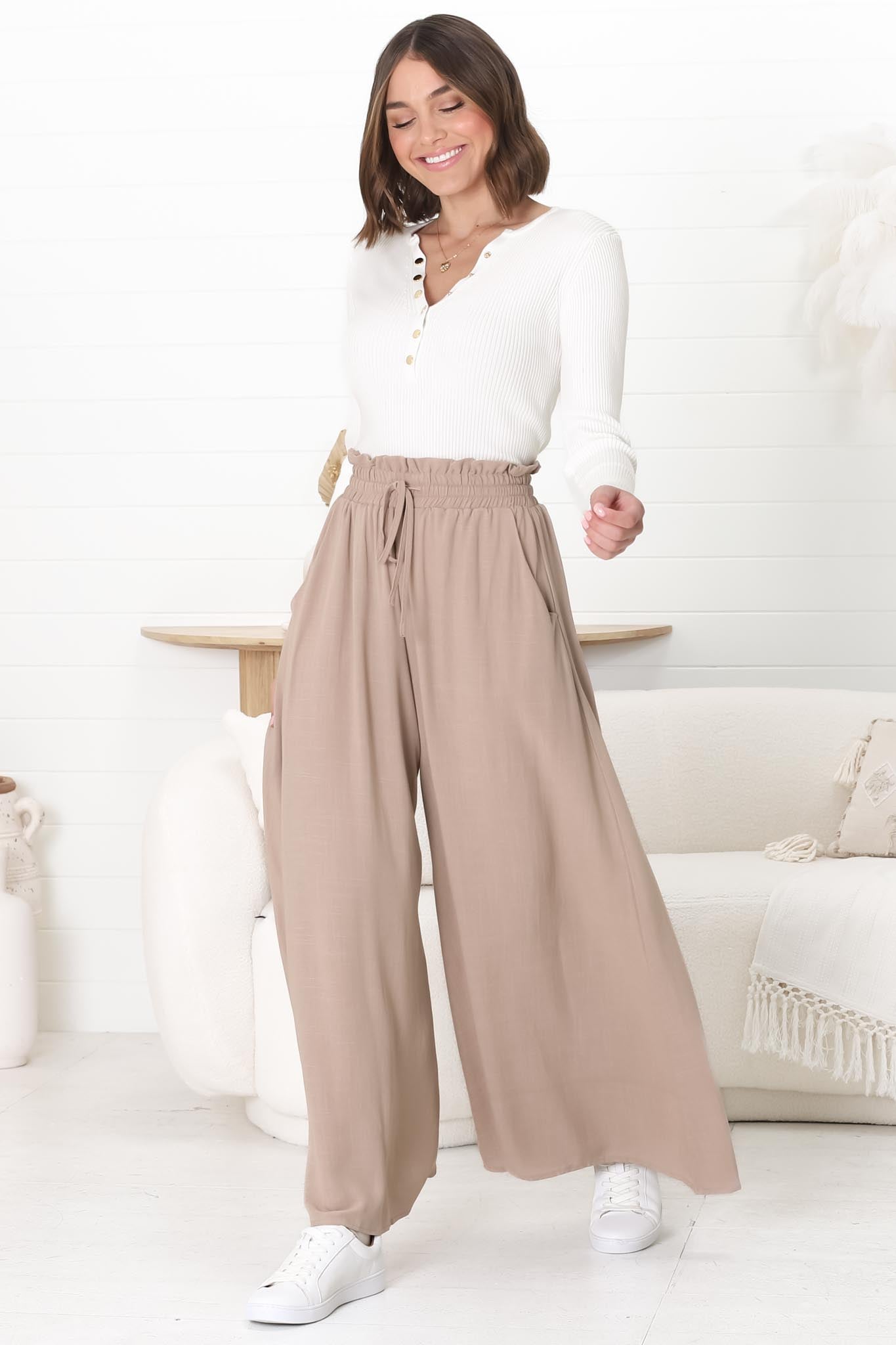 Charli Pants - Paper Bag High Waisted Wide Leg Pants in Sand