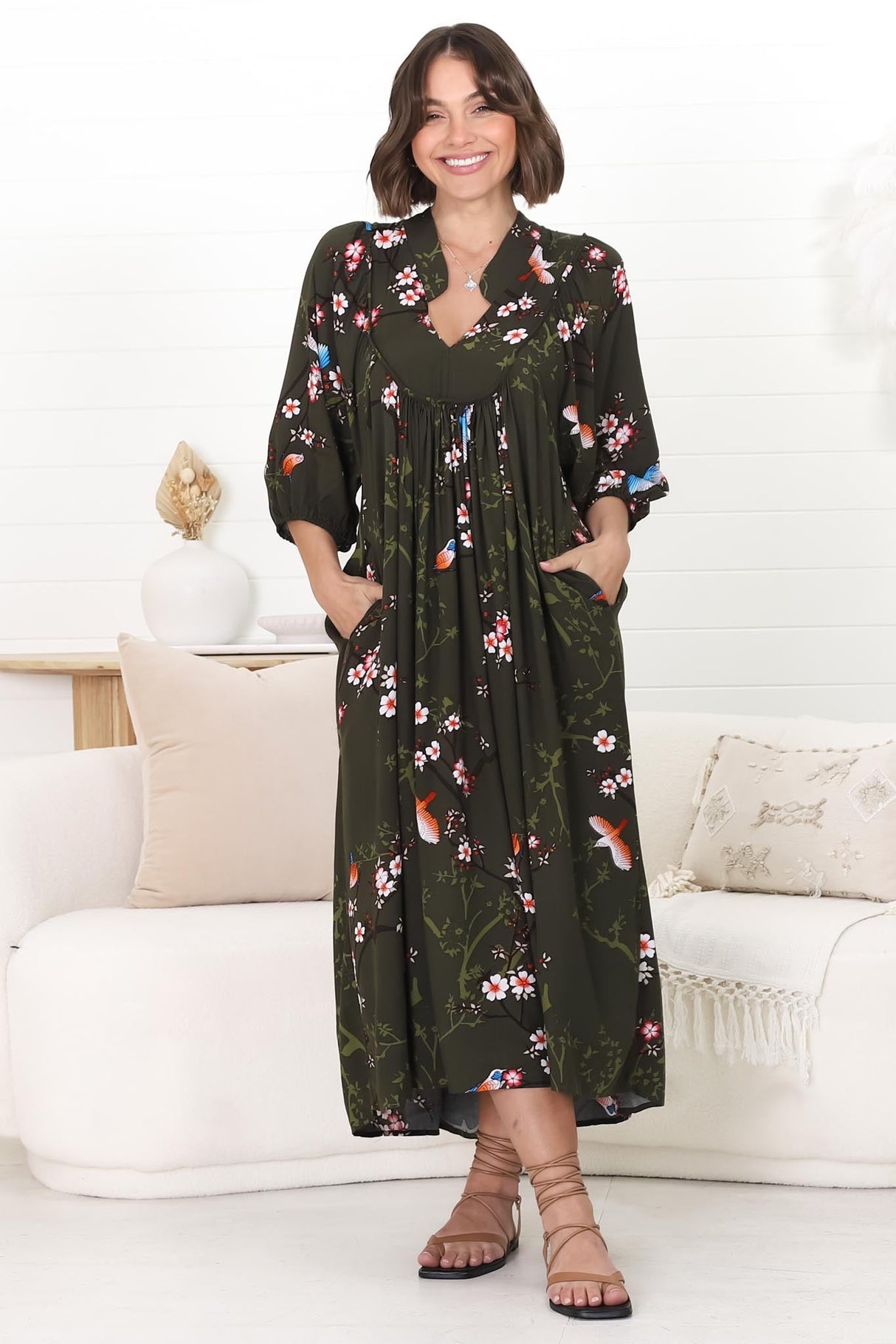 JAASE - Boheme Midi Dress: Piping Defined Bust Slimline Smock Dress In Birds Paradise Print