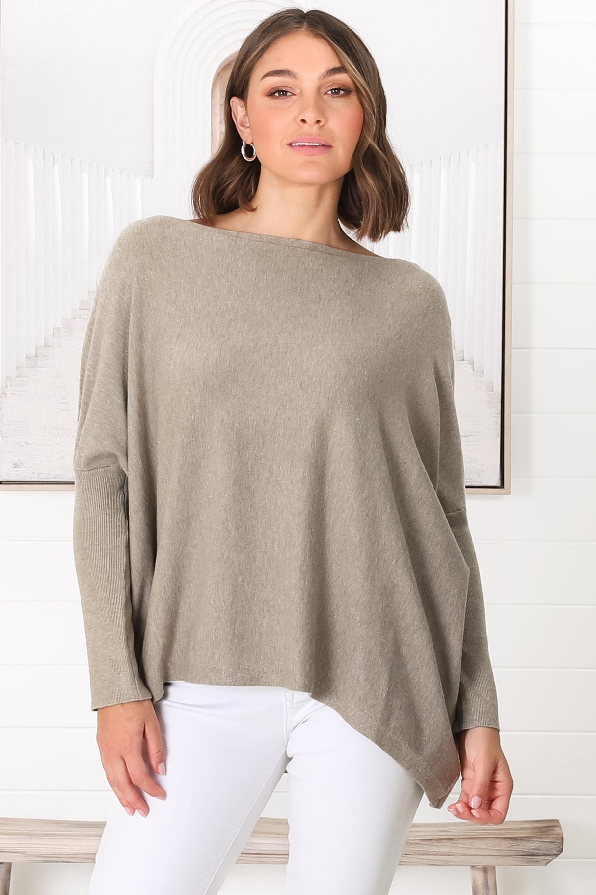 Belinda Knit Top - Boat Neckline Boxy Batwing Top in Beige