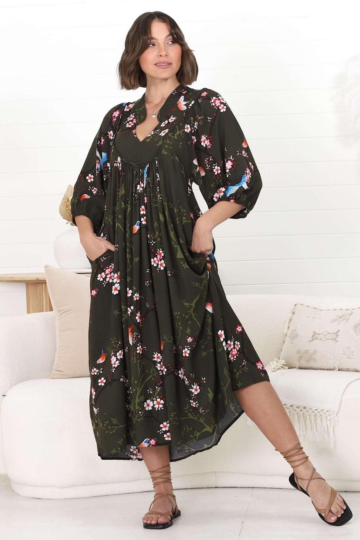 JAASE - Boheme Midi Dress: Piping Defined Bust Slimline Smock Dress In Birds Paradise Print