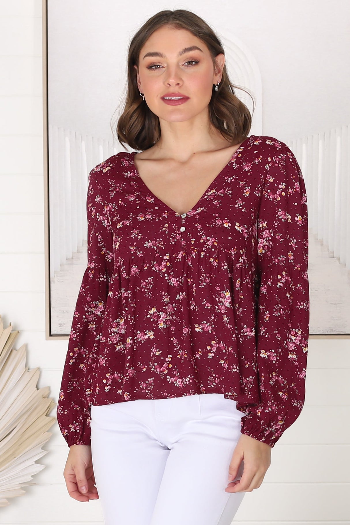 Grace Top - V-Neck Button Decal Long Sleeve Smock Top in Yasha Print Red