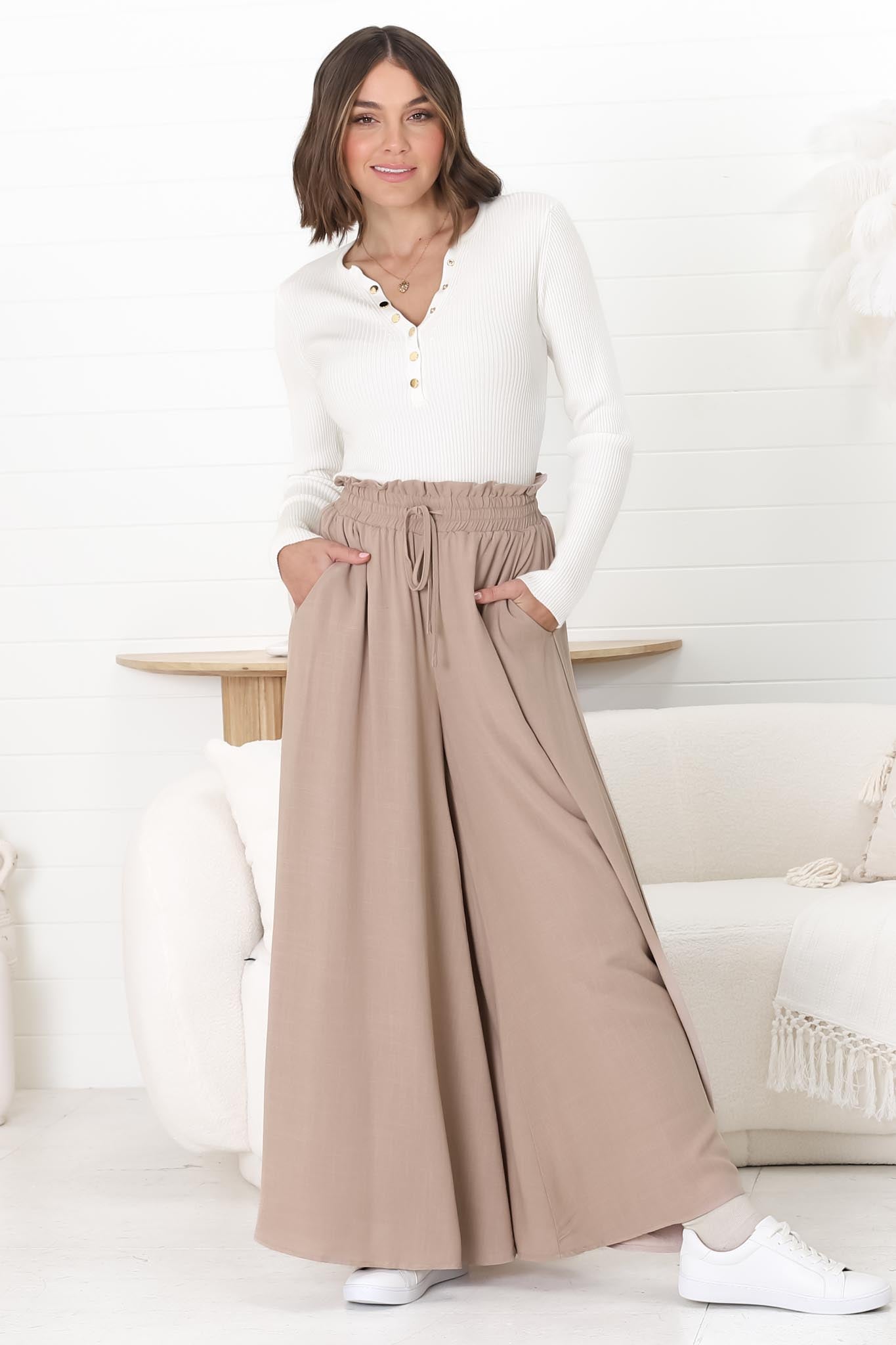 Charli Pants - Paper Bag High Waisted Wide Leg Pants in Sand