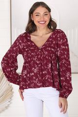 Grace Top - V-Neck Button Decal Long Sleeve Smock Top in Yasha Print Red