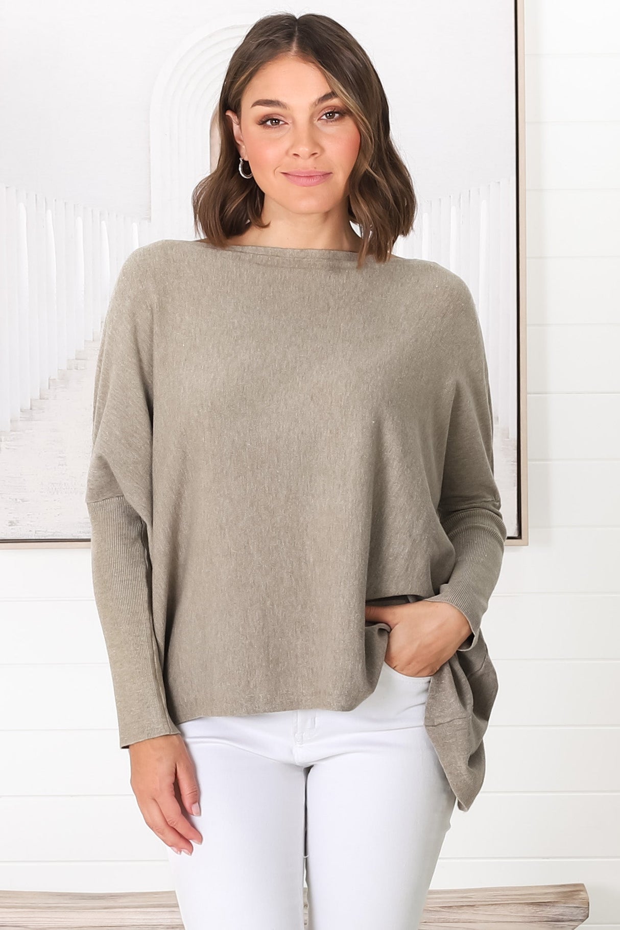 Belinda Knit Top - Boat Neckline Boxy Batwing Top in Beige