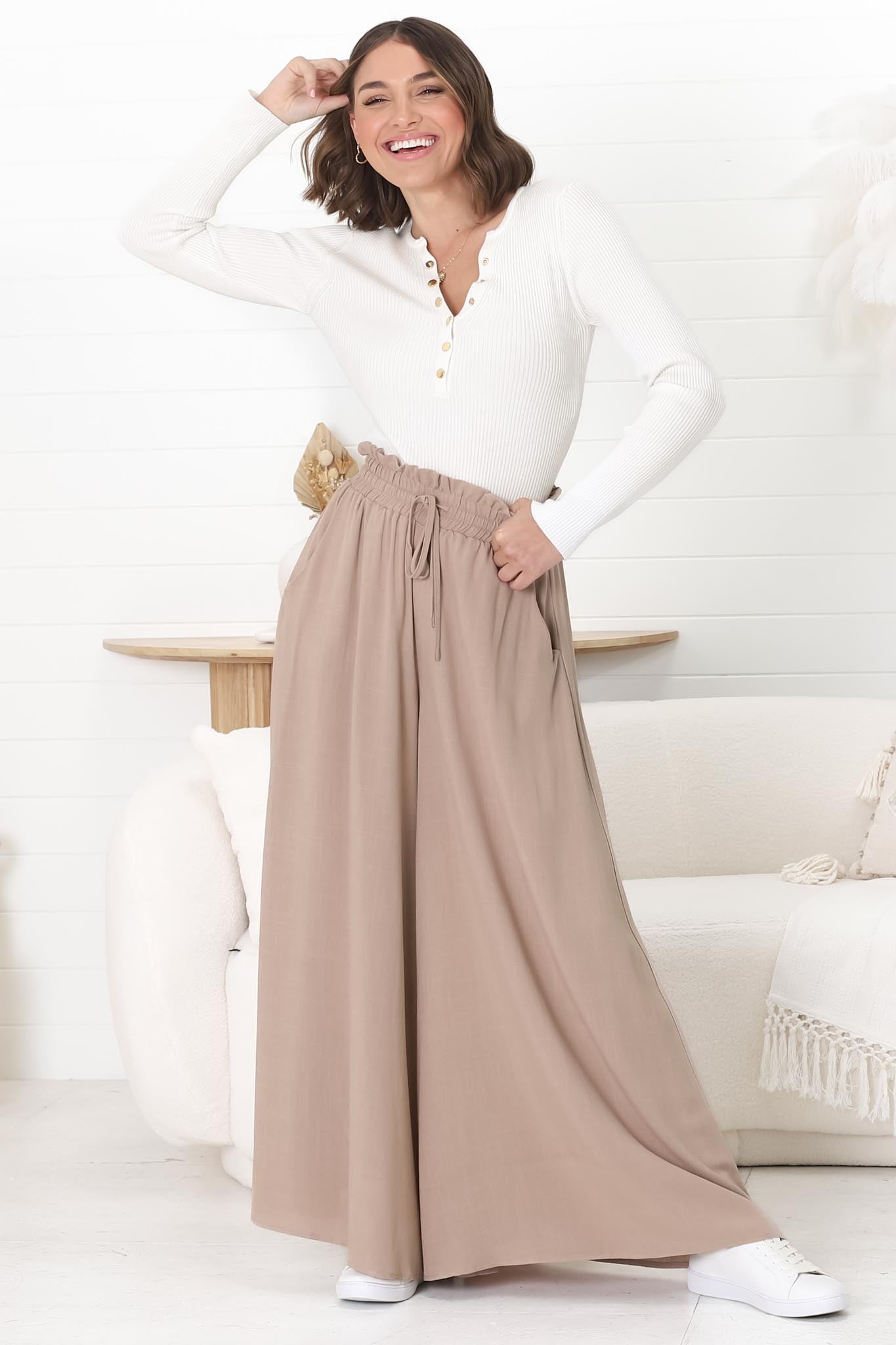 Charli Pants - Paper Bag High Waisted Wide Leg Pants in Sand