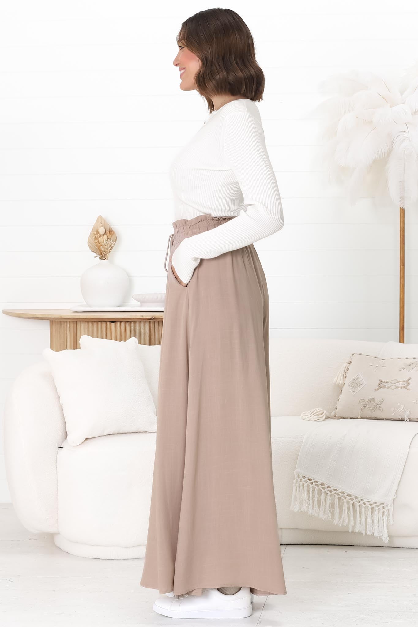 Charli Pants - Paper Bag High Waisted Wide Leg Pants in Sand