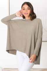 Belinda Knit Top - Boat Neckline Boxy Batwing Top in Beige