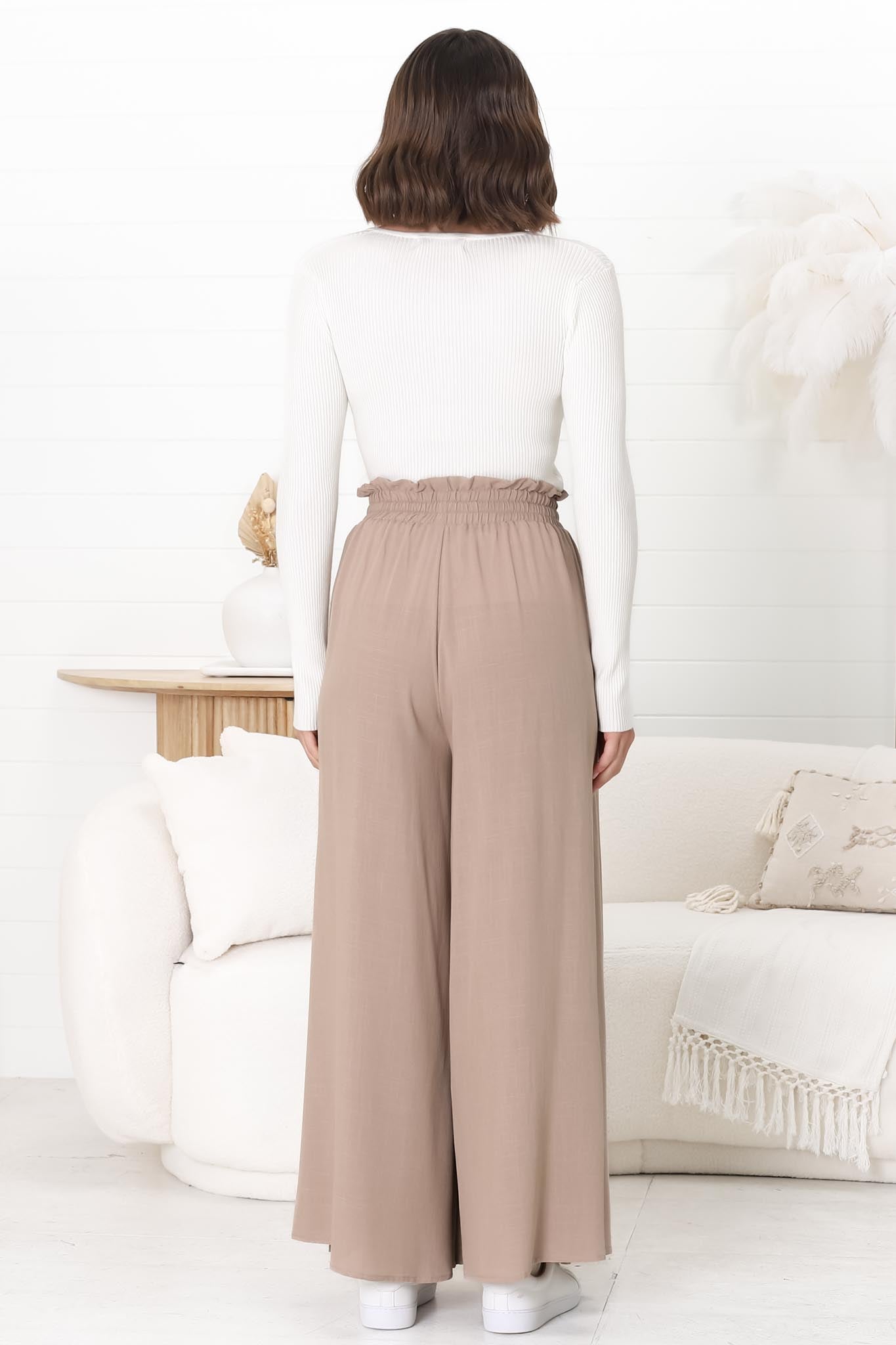 Charli Pants - Paper Bag High Waisted Wide Leg Pants in Sand