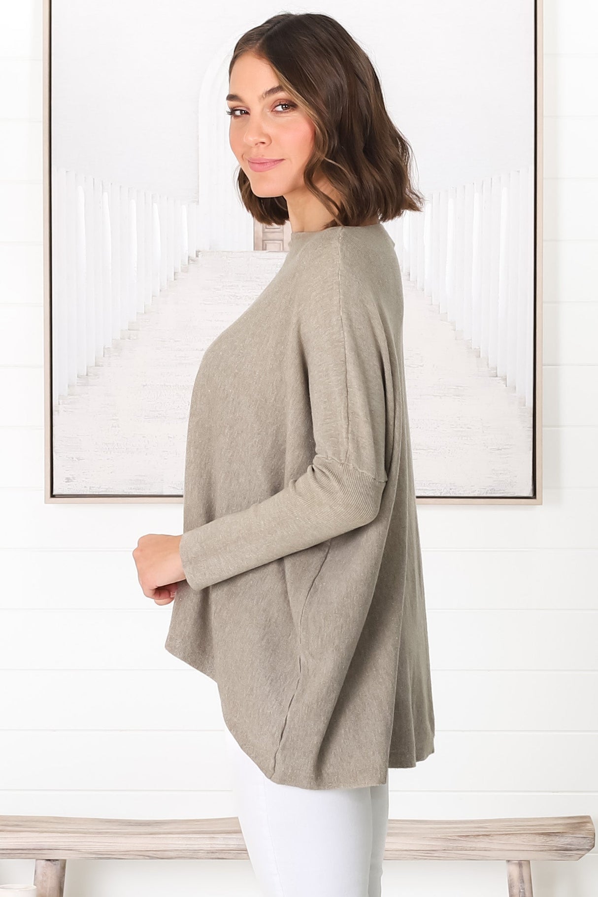 Belinda Knit Top - Boat Neckline Boxy Batwing Top in Beige