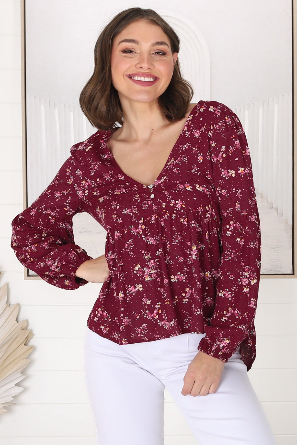 Grace Top - V-Neck Button Decal Long Sleeve Smock Top in Yasha Print Red