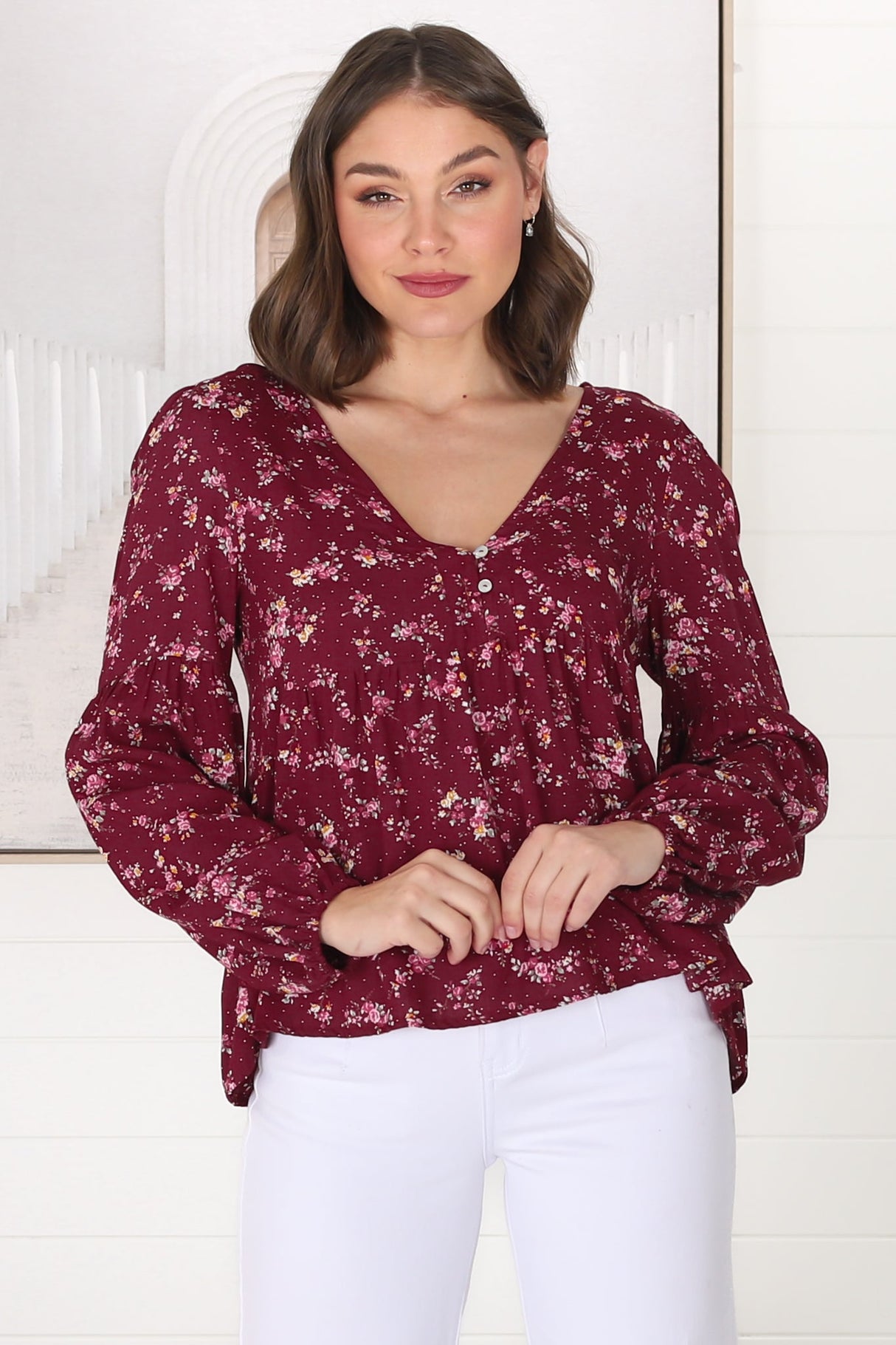 Grace Top - V-Neck Button Decal Long Sleeve Smock Top in Yasha Print Red