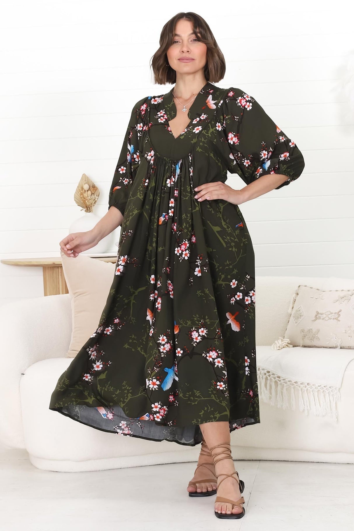 JAASE - Boheme Midi Dress: Piping Defined Bust Slimline Smock Dress In Birds Paradise Print