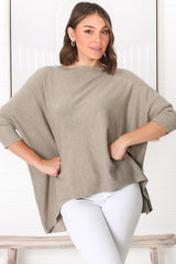 Belinda Knit Top - Boat Neckline Boxy Batwing Top in Beige