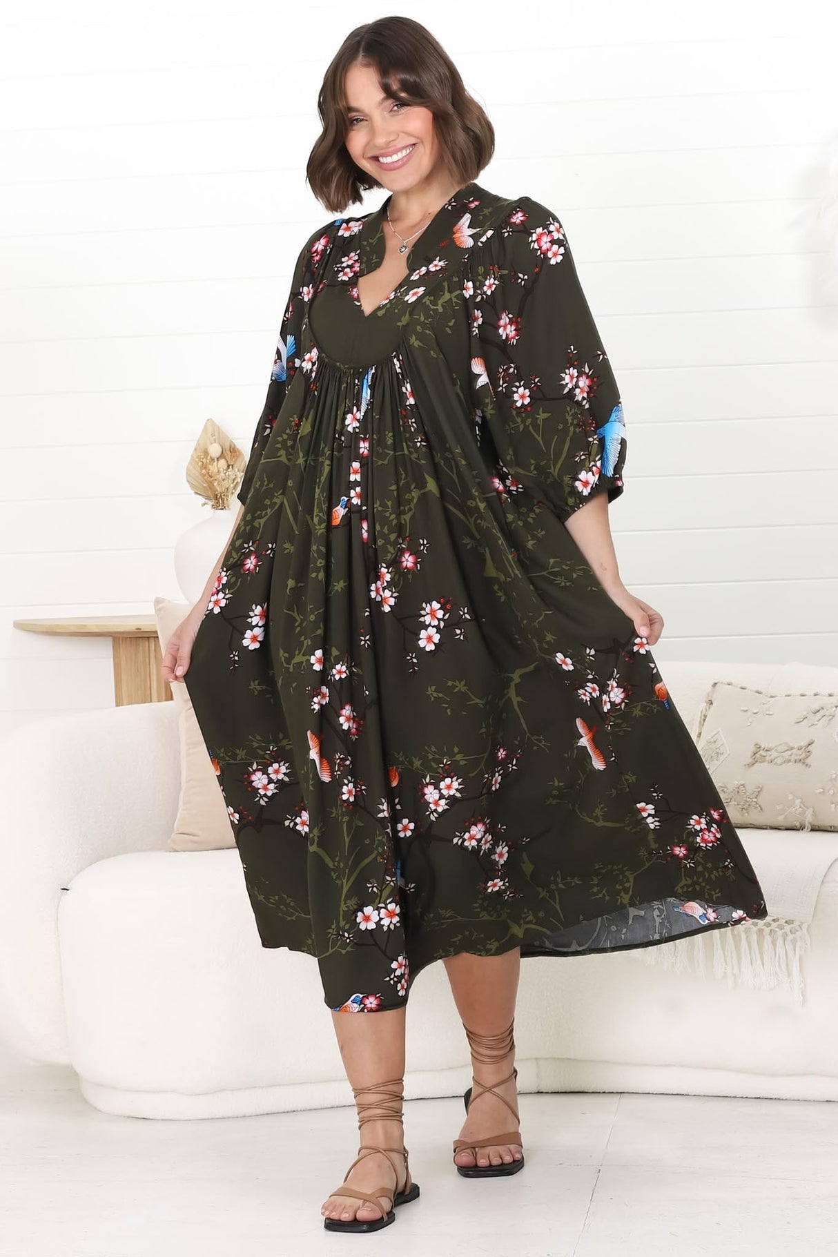 JAASE - Boheme Midi Dress: Piping Defined Bust Slimline Smock Dress In Birds Paradise Print