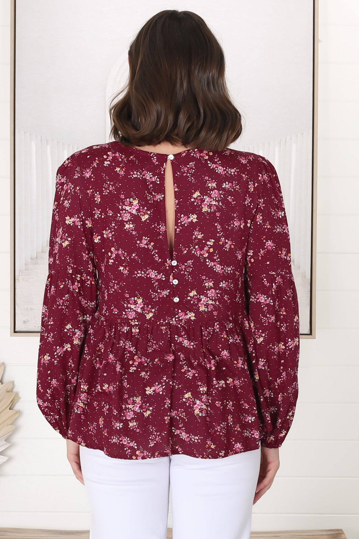 Grace Top - V-Neck Button Decal Long Sleeve Smock Top in Yasha Print Red