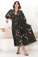 JAASE - Boheme Midi Dress: Piping Defined Bust Slimline Smock Dress In Birds Paradise Print