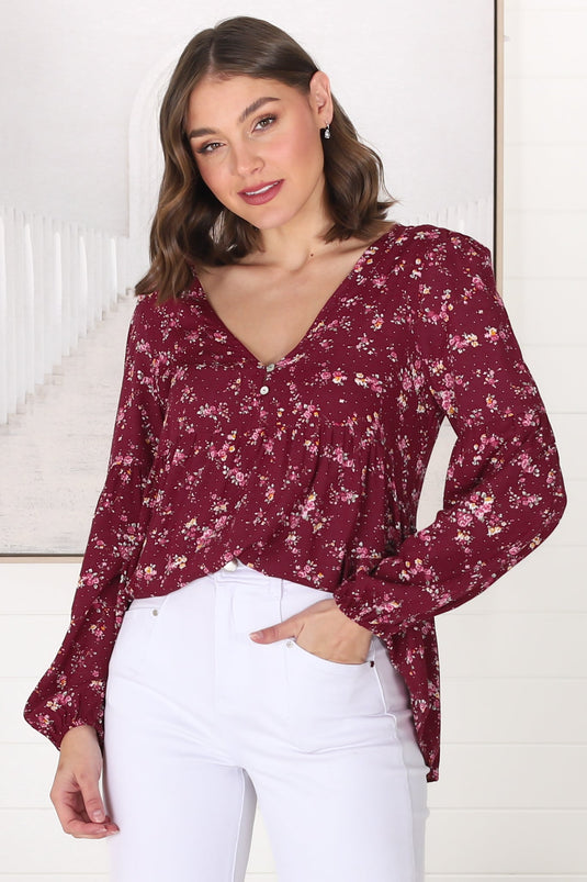 Grace Top - V-Neck Button Decal Long Sleeve Smock Top in Yasha Print Red