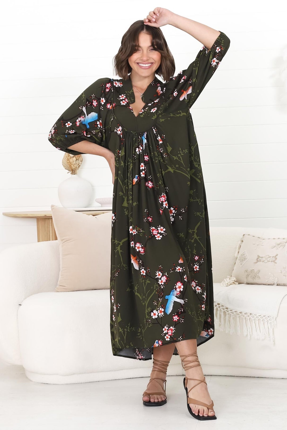 JAASE - Boheme Midi Dress: Piping Defined Bust Slimline Smock Dress In Birds Paradise Print