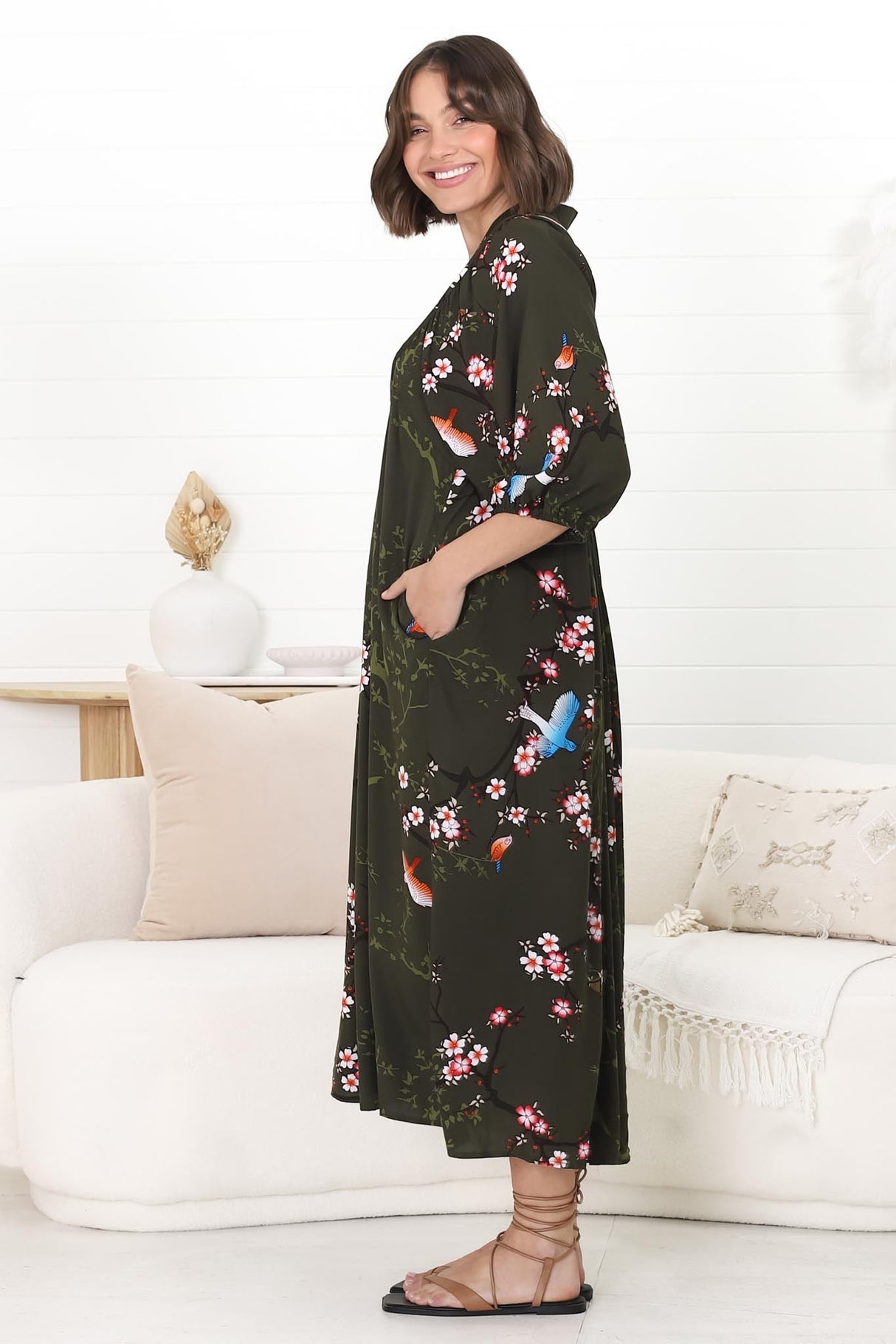 JAASE - Boheme Midi Dress: Piping Defined Bust Slimline Smock Dress In Birds Paradise Print