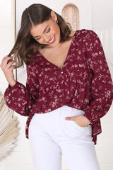 Grace Top - V-Neck Button Decal Long Sleeve Smock Top in Yasha Print Red