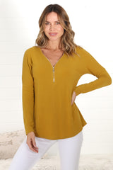 Cecile Top - Zipper Detail V Neck Top in Mustard