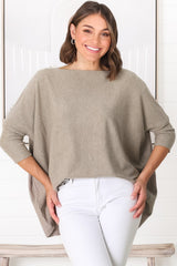 Belinda Knit Top - Boat Neckline Boxy Batwing Top in Beige