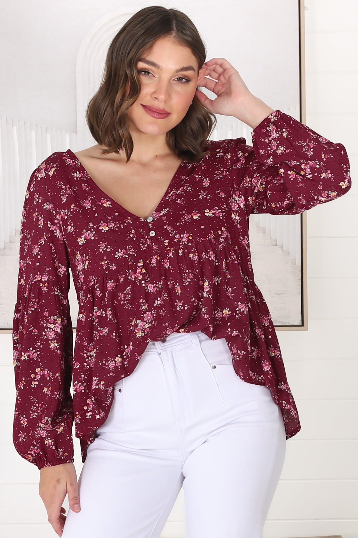 Grace Top - V-Neck Button Decal Long Sleeve Smock Top in Yasha Print Red