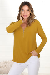 Cecile Top - Zipper Detail V Neck Top in Mustard