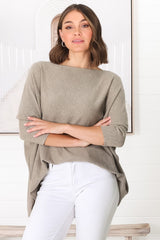 Belinda Knit Top - Boat Neckline Boxy Batwing Top in Beige