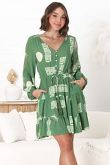 Alicia Mini Dress - A Line Tiered Dress with Pull Tie Waist in Maree Print Green