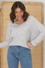 Carol Knit Top - Soft V Neck Batwing Sleeve Knit Top in Grey